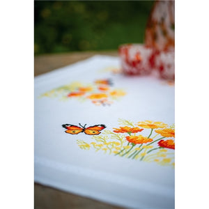 Orange Flowers and Butterflies Tablecloth Stamped Cross Stitch Kit by Vervaco - PN-0187348